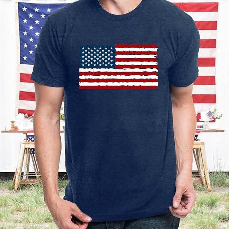 Retro Distressed US Flag Print Men Casual Summer Patriotic Short Sleeve T Shirt
