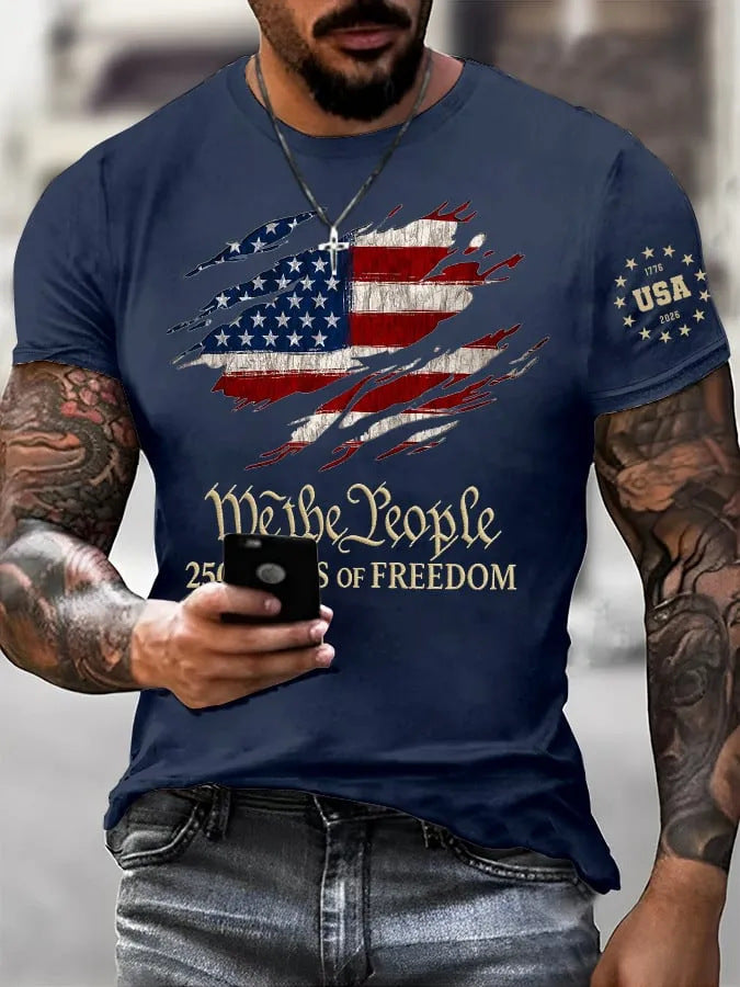 Vintage Torn American Flag Print Men Crew Neck Tee 250th USA Anniversary Casual Shirt